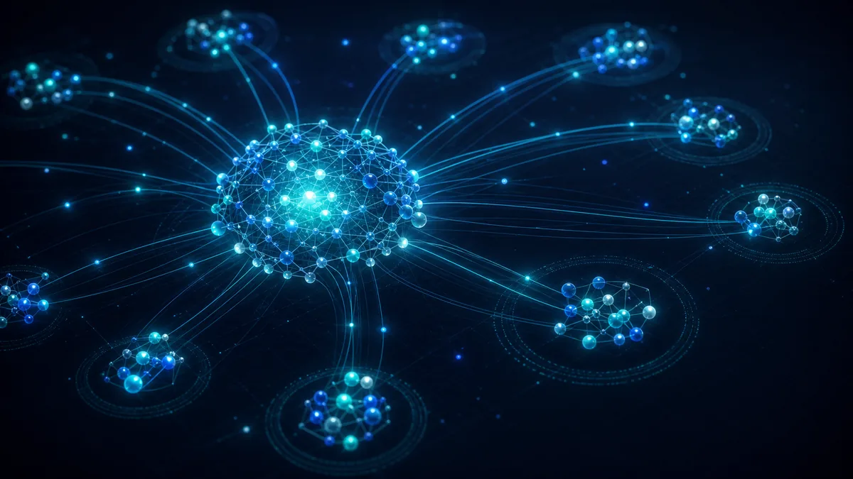 A dense cluster of connected nodes distributing outward into many smaller clusters.