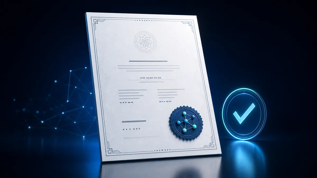 A generic document outline with an abstract seal built from molecular nodes.