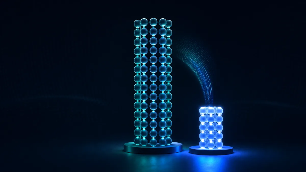 Abstract chart of two stacked cost columns, one far taller than the other, drawn as glowing nodes.